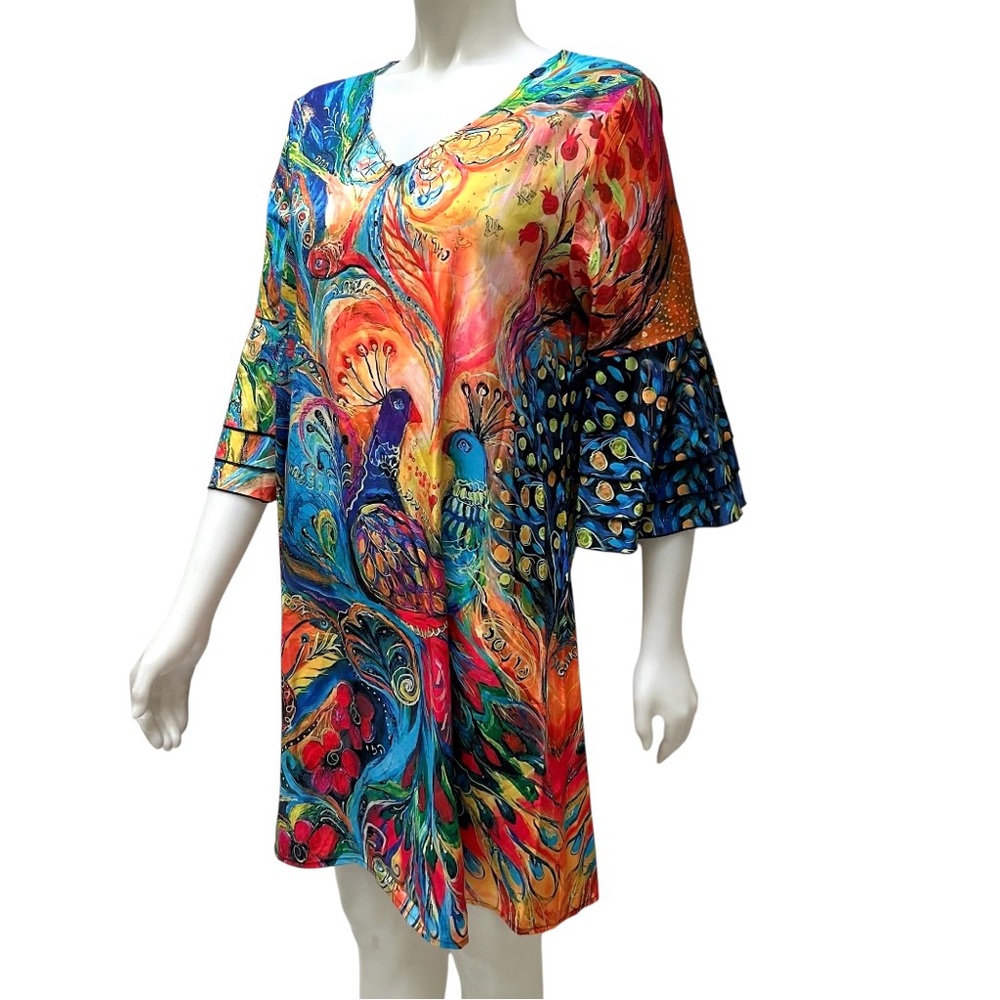 Peacock Print Tunic Dress Floral Maximalist Travel Boho Vacation Resortwear NWOT